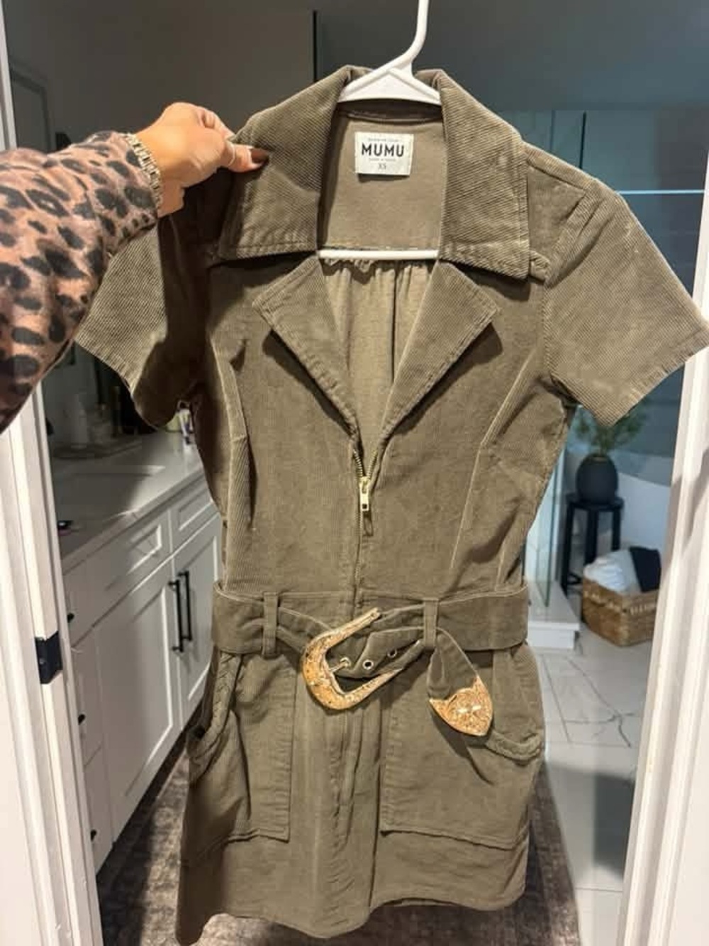 Show Me Your MuMu Olive Corduroy Short-Sleeve Jacket Dress with Belt
